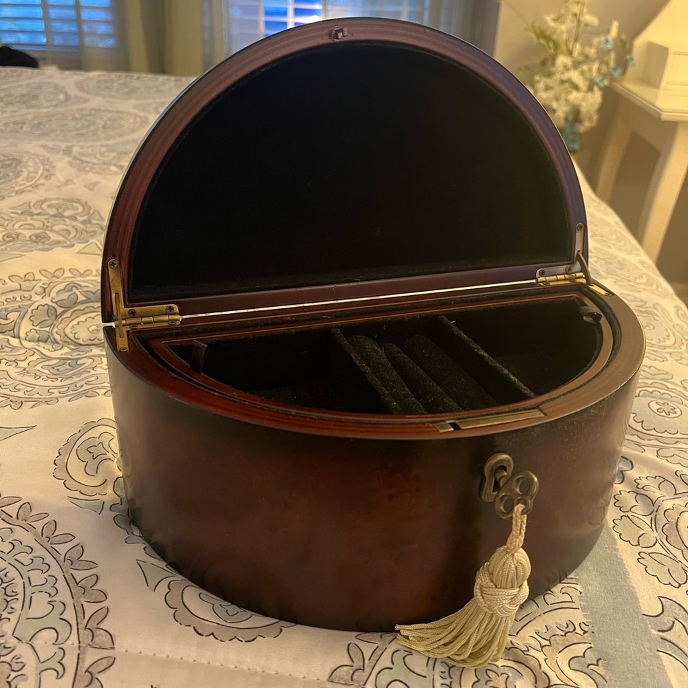 Bombay mahogany jewelry box with skeleton key